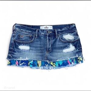 Hollister Dark Blue Distressed Denim Mini Skirt with Floral Ruffle